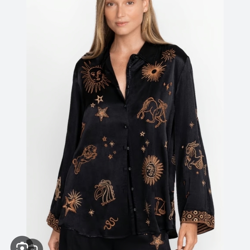Johnny Was Black and Gold Embroidered Button Down Shirt